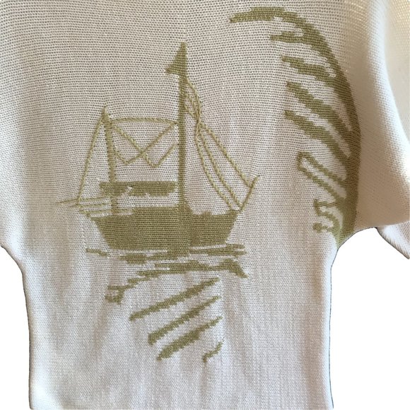 Vintage White & Olive boat sweater Hand Knit women - Picture 6 of 8